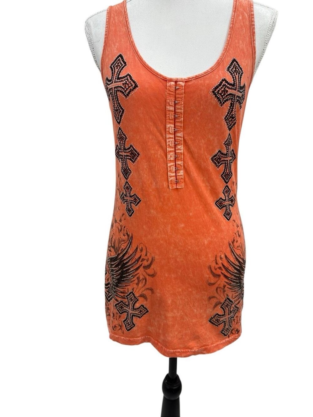Vocal USA Orange Rhinestone Cross Wings Graphic Tank Top Y2K Western Biker mediu